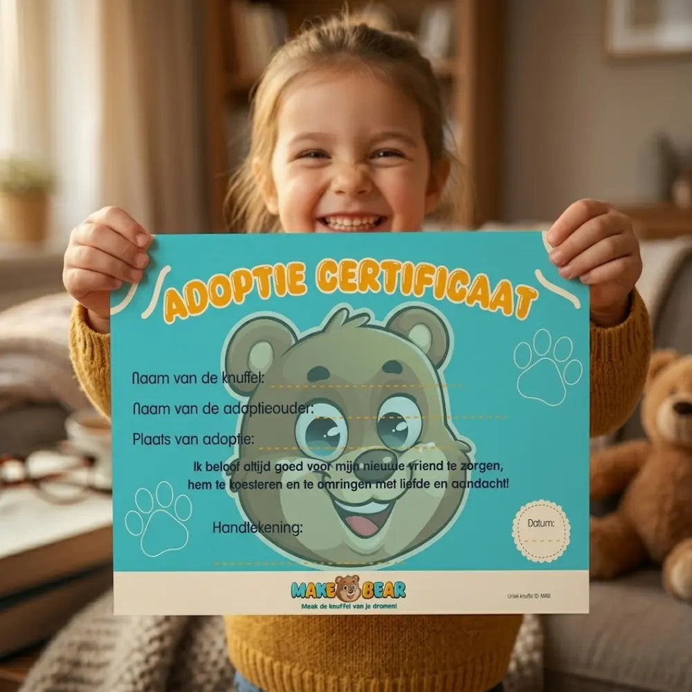 Een breed glimlachend kind houdt trots een gepersonaliseerd Make a Bear adoptiecertificaat voor een knuffelbeer vast in een gezellige, sfeervolle kamer.