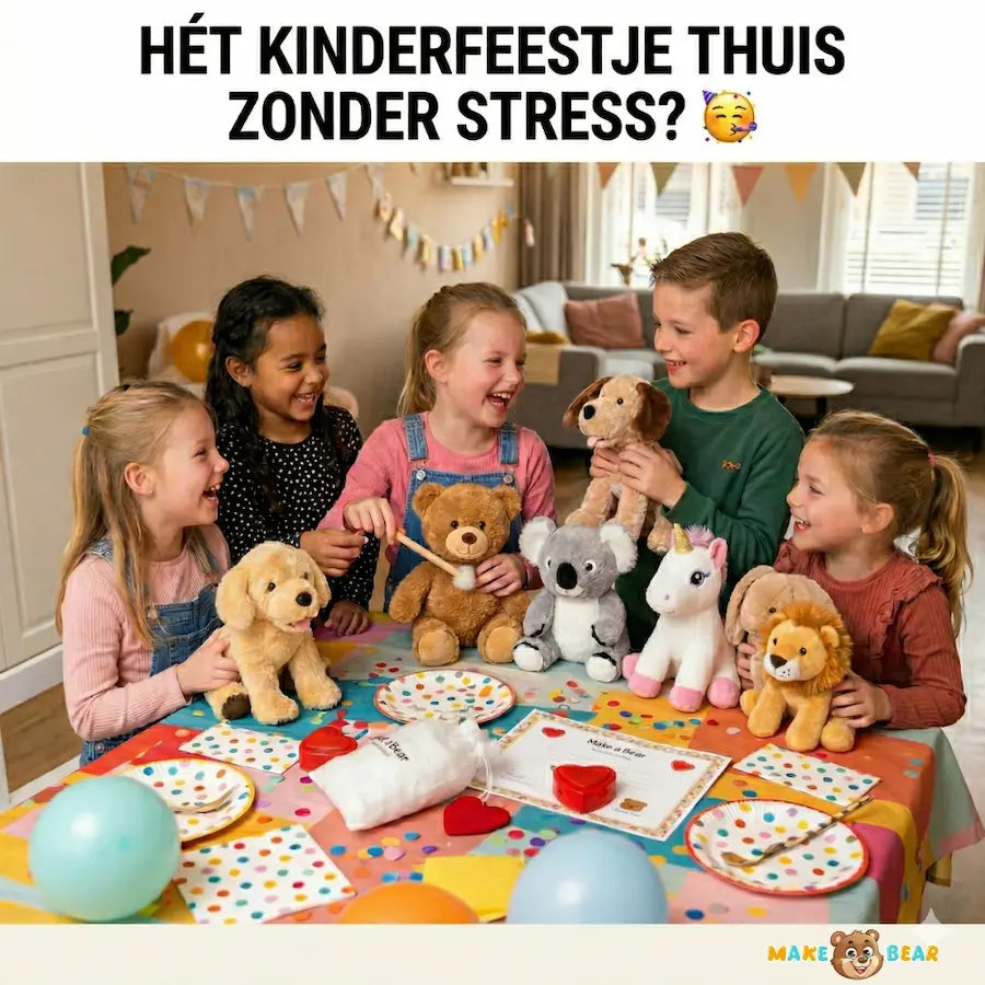 Een gezellig en stressvrij kinderfeestje thuis waarbij kinderen zelf knuffels vullen en maken aan een versierde tafel