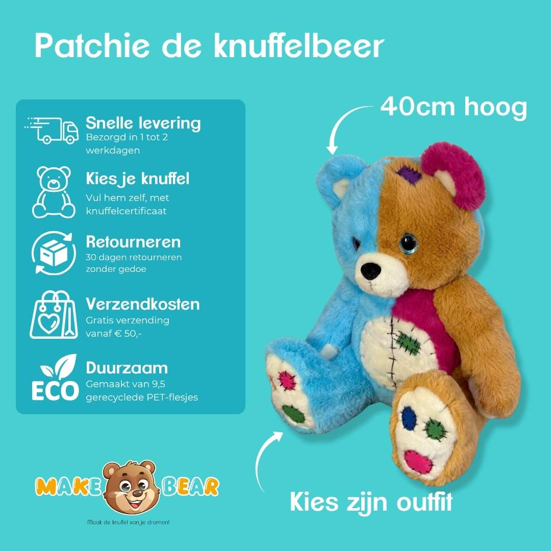 Patchie de knuffelbeer – kleurrijke beer met snelle levering, eenvoudige retouren, lage verzendkosten en topkwaliteit bij Make a Bear.