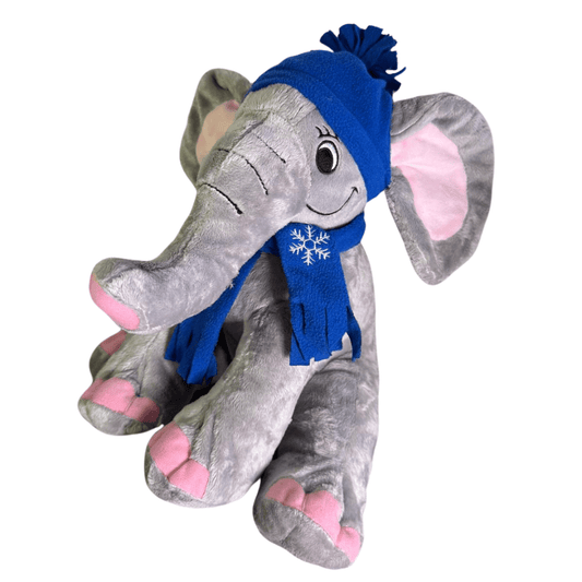Nellie de Olifant knuffel - Make a bearKnuffel Olifant Nellie in grijs, met roze binnenkant van de oren en tenen, en geborduurde ogen. Een zachte en schattige knuffel met een blauwe sjaal en muts.